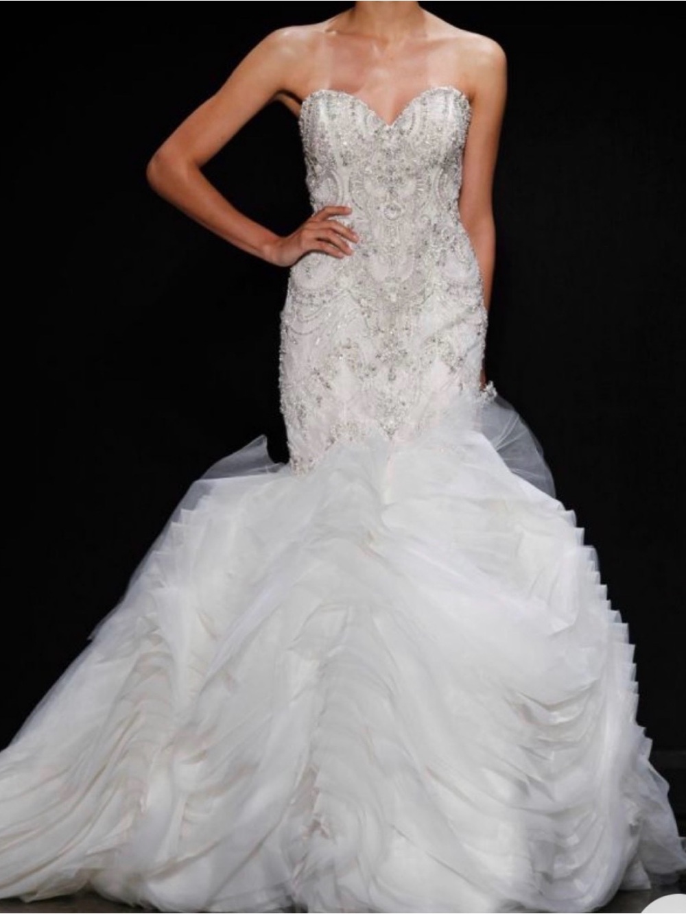 Lazaro Strapless White Crystal-Embellished Mermaid Wedding Dress L
